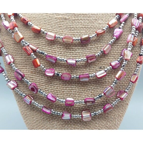 Beachy Silver Tone Pink Dyed Abalone Shell Multi Strand Wire Collar Bib Necklace - Picture 3 of 7